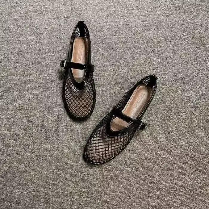 Net plat mode sandales nouvel été tête ronde respirant antidérapant ligne bouton Mary Jane résille chaussures dames chaussures