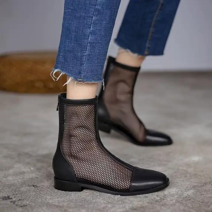 Bottines d'été respirantes en maille pour femmes - Bout carré, talon carré, fermeture éclair arrière, sandales polyvalentes pour le quotidien