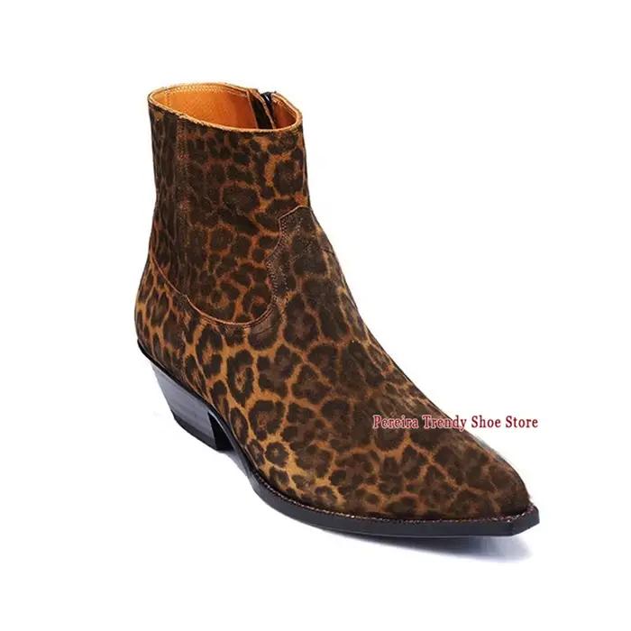 Bottes Chelsea à talons épais imprimé léopard, bottes courtes tendance rétro en cuir véritable avec fermeture éclair, chaussures pour hommes faites à la main, nouvelle collection printemps automne