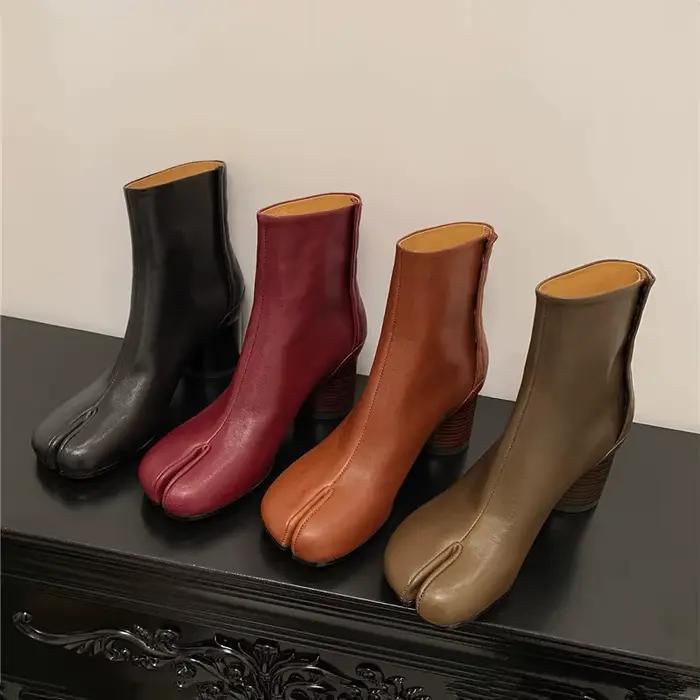 Bottines Tabi de luxe pour femme 2026 en cuir véritable à bout fendu, talon bloc épais, chaussures de soirée mode automne-hiver
