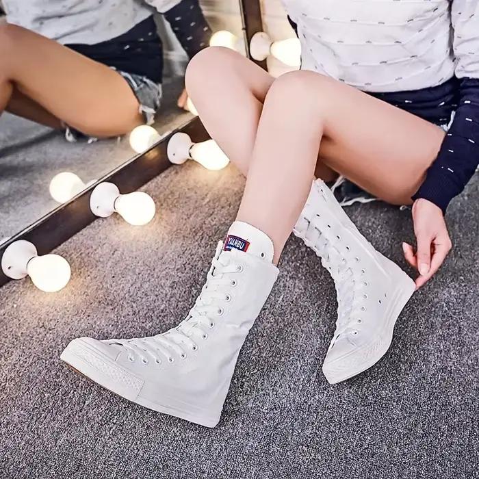 Ryamag-Bottes en toile mi-mollet pour femme, chaussures plates à fermeture éclair, baskets confortables, décontracté, à lacets, canize, nouveau