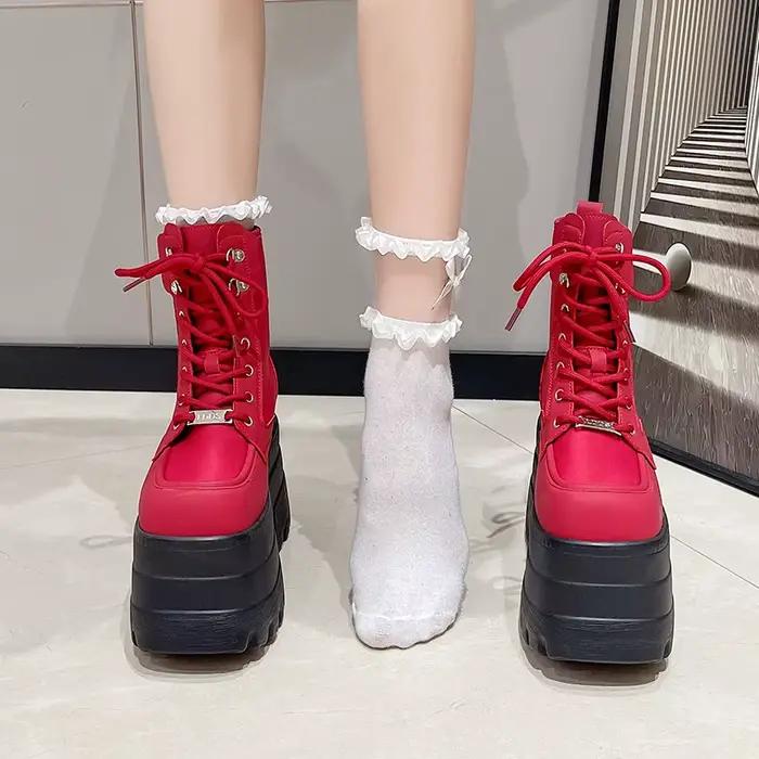 14.5CM femmes bottes automne femmes bottines plate-forme compensées talons hauts chaussons nouveau Design de mode rouge Cosplay chaussures de femmes
