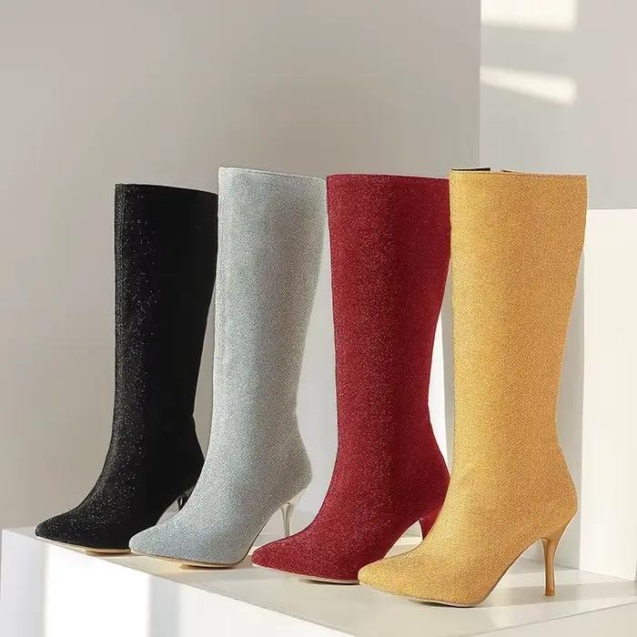Bottes en tissu pailleté scintillantes pour femmes, élégantes bottes mi-hautes à talons fins pour hiver, occasions spéciales et sorties nocturnes