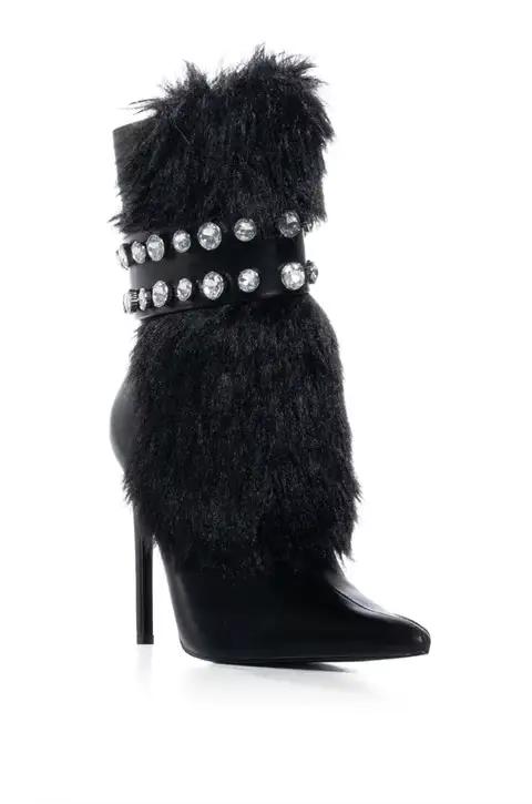 Bottines noires en fausse fourrure pour femmes, avec strass, bout pointu, fermeture éclair latérale, talon aiguille, style punk, pour club, scène, soirée, taille 44
