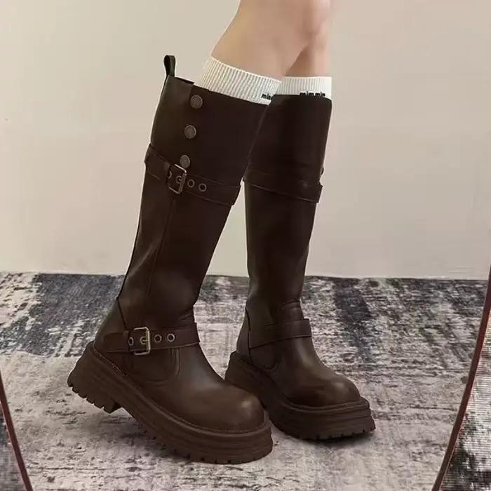 Bottes de moto hautes pour femme à plateforme épaisse, semelle à crampons, boucle de ceinture, style vintage, convertible avec revers pliable
