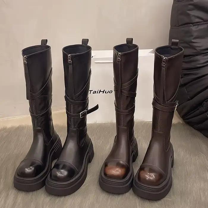 Bottes de chevalier à ceinture pour femmes, nouveau Style britannique, mode, fond épais, tête ronde, couleur lavée, tendance, 2025
