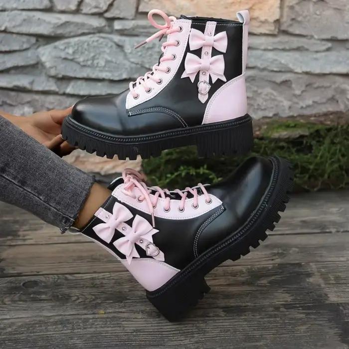 Bottines à lacets pour femme, rose bonbon, avec nœud, multicolores, à semelle épaisse, style Candy Punk, avec décoration métallique, collection automne 2026, taille 42