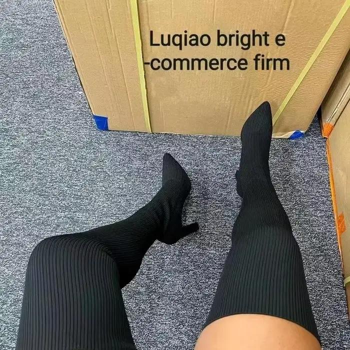 Femme sur le genou bottes hiver cuisse tricoté chaussettes élastiques chaussure chaud Sexy talons aiguilles pointu bottes longues 35-43 botas mujer