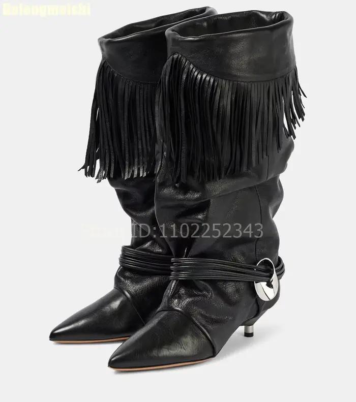 Bottes à talons aiguilles pour femme, bout pointu, en daim de vache, bretelles à pampilles plissées, grande taille, mi-mollet, nouvelle collection hiver 2026