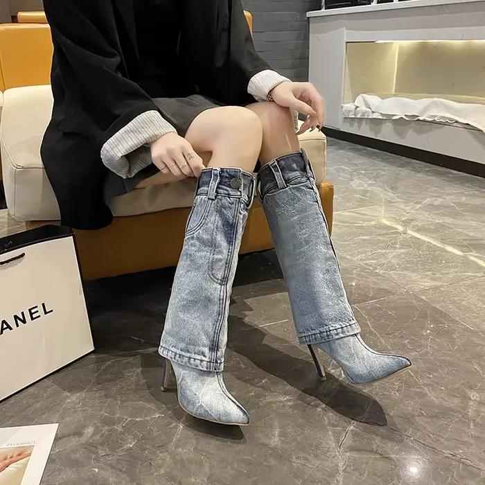 Bottes hautes en denim bleu rétro pour femmes bottes à bout pointu printemps automne talon fin mi-mollet occassions quotidiennes vacances shopping école