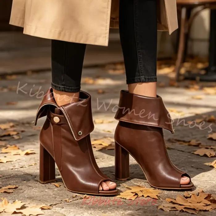 Bottines pour femmes à bout ouvert, talons carrés épais, fermeture éclair, style vintage, décontractées, en polyester, pour tenues de cérémonie et soirées formelles