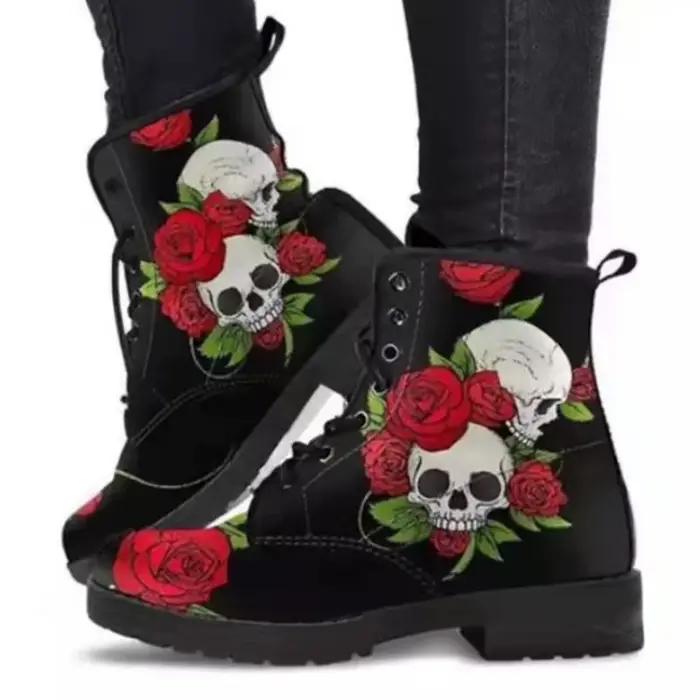 Bottes courtes punk pour femmes imprimées tête de mort et fleur ajustement parfait pour printemps et automne
