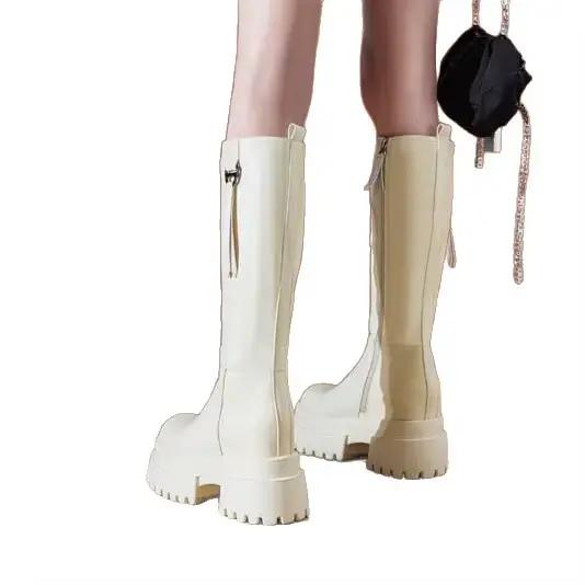 Fujin 10 cm femmes bottes hautes en cuir véritable plate-forme bottes talon épais mode équitation hiver tenue décontractée Streetwear
