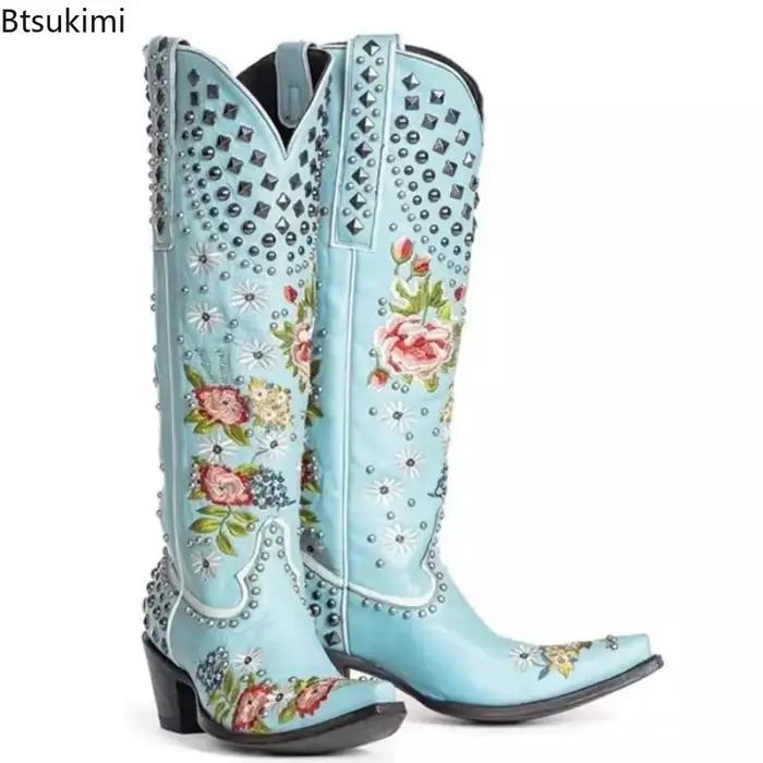 Nouvelles Bottes Western Brodées à Rivets pour Femme 2026 – Bout Pointu, Talons Carrés, Style Vintage Chevalier, Bottes de Cowgirl, Chaussures pour Femme