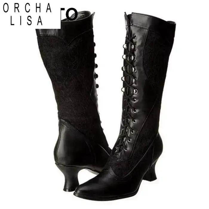 ORCHA LISA 2021 bottes longues pour femmes jambe large dentelle bout pointu bas petit talon sangle croisée noir blanc grande taille S2440