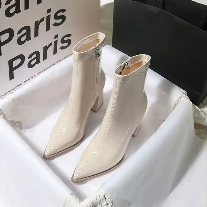 Bottines d'hiver en cuir verni pour femmes, bottines courtes à bout pointu, talons hauts carrés, chaussures de soirée 2026