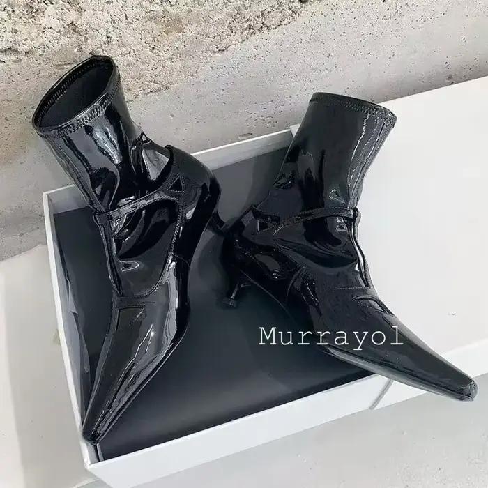 Bout pointu ceinture boucle conception bottes courtes femmes en cuir verni mince talons hauts cheville Botas automne