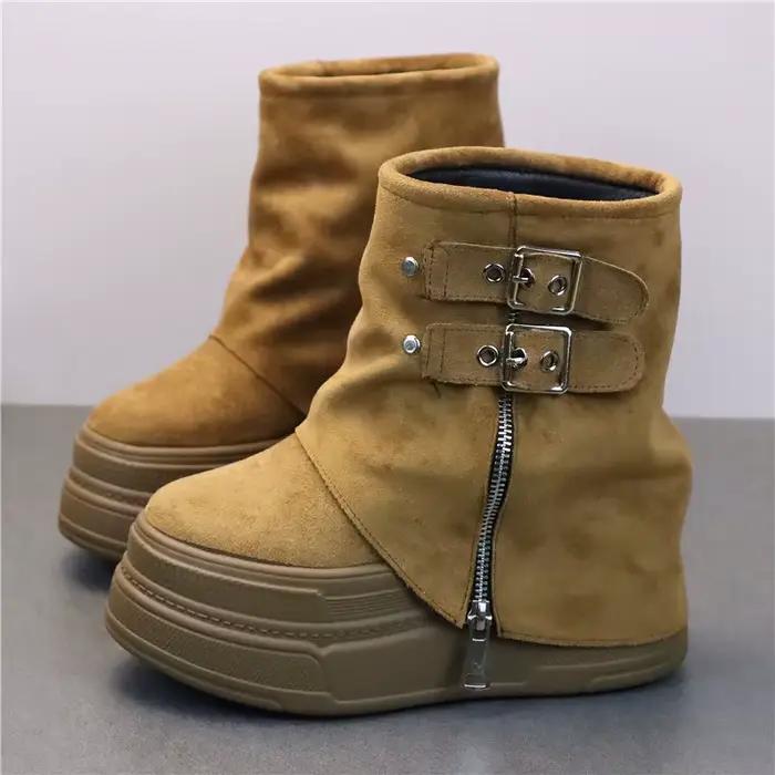 Bottines à talons plateforme pour femmes, baskets en cuir véritable, noir et marron, chaussures de moto, printemps-automne, 10CM 12CM