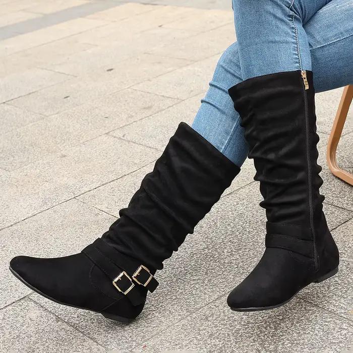 Bottes plissées à talons plats de style européen pour femmes