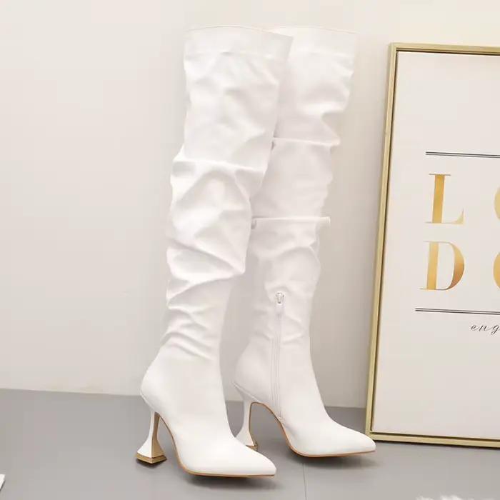 Cuissardes en cuir souple plissé pour femmes, chaussures au-dessus du genou, bout pointu, talons hauts, rouge, élégant, mode, automne, hiver