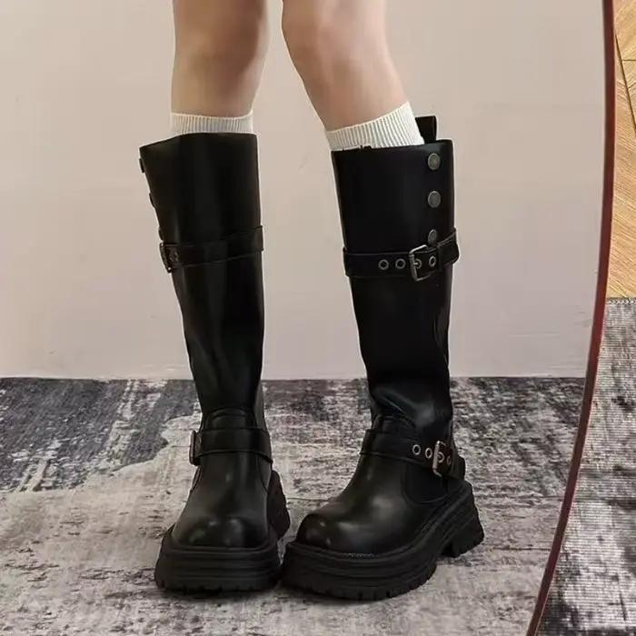Bottes de moto hautes pour femme à plateforme épaisse, semelle à crampons, boucle de ceinture, style vintage, convertible avec revers pliable