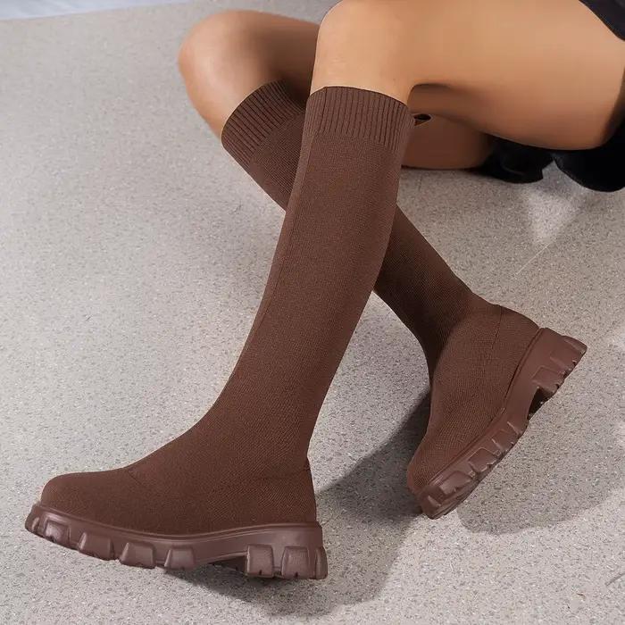 Sexy rose fond épais tricot chaussettes bottes femmes 2025 automne grosse plate-forme genou
