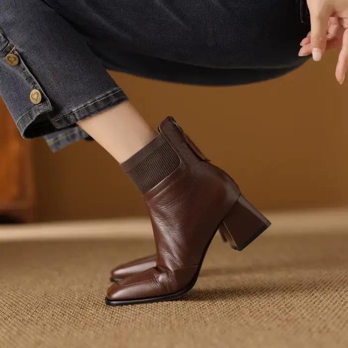 2025 nouveau automne dames botte à talons grossiers en plein air chaussure antidérapante rétro fermeture éclair mode bottes confort décontracté chaussures pour femmes Botas