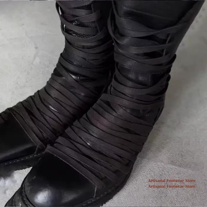 Bottes mi-mollet gothiques en cuir noir à plusieurs sangles ﻿ Bottines décontractées pour hommes à bout rond et semelle