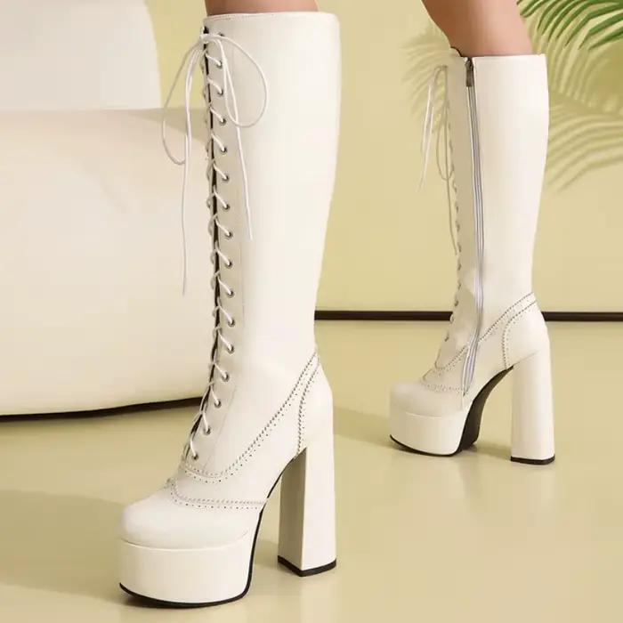 Bottes hauteur genou en cuir verni, unies rouge, blanc, rose, à lacets, chaussures sexy pour femmes, chaussures d'hiver, bout rond, plateforme, talons hauts, pour femme.