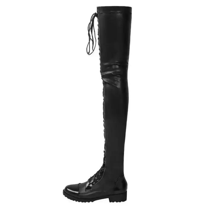 Bottes noires à lacets et talons bas au-dessus du genou pour femmes
