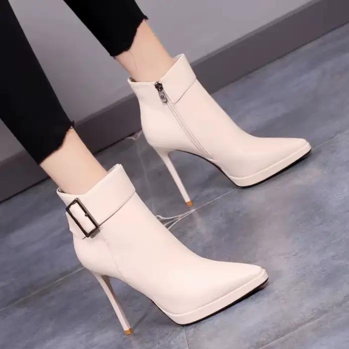 Nouvelles bottes d'hiver à talon haut et bout pointu, en velours, style tendance en Europe, bottes à talon unique