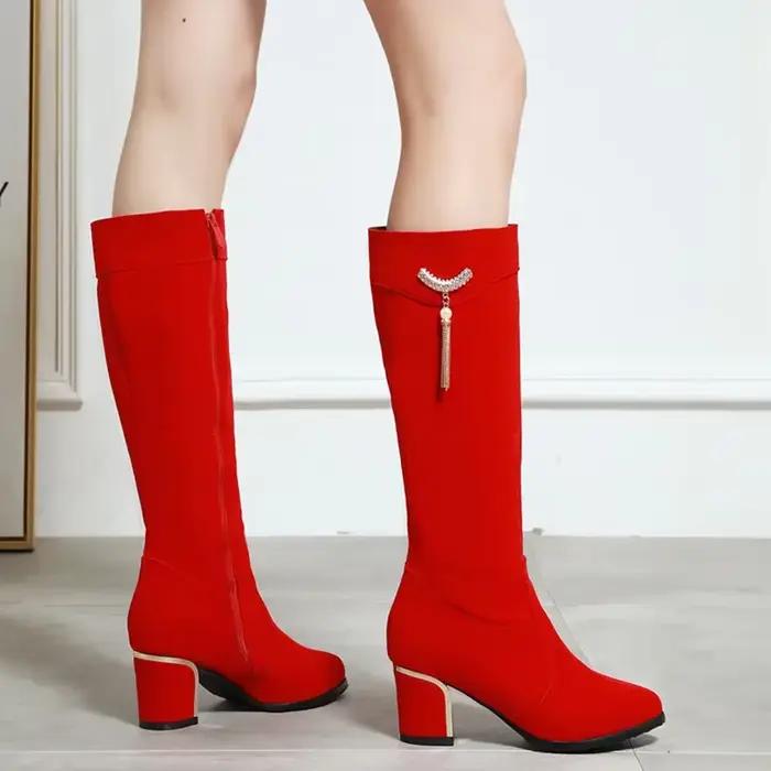 Automne hiver genou bottes hautes femmes noir rouge troupeau femmes bottes hautes de luxe talons bas décontractés mode longue chaussures de fête femme