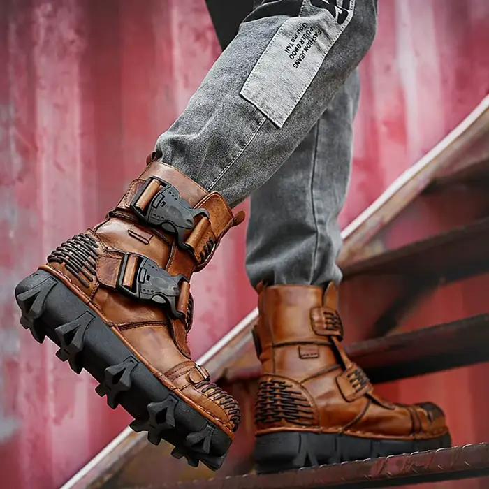 Bottes de moto en cuir de vache véritable pour hommes