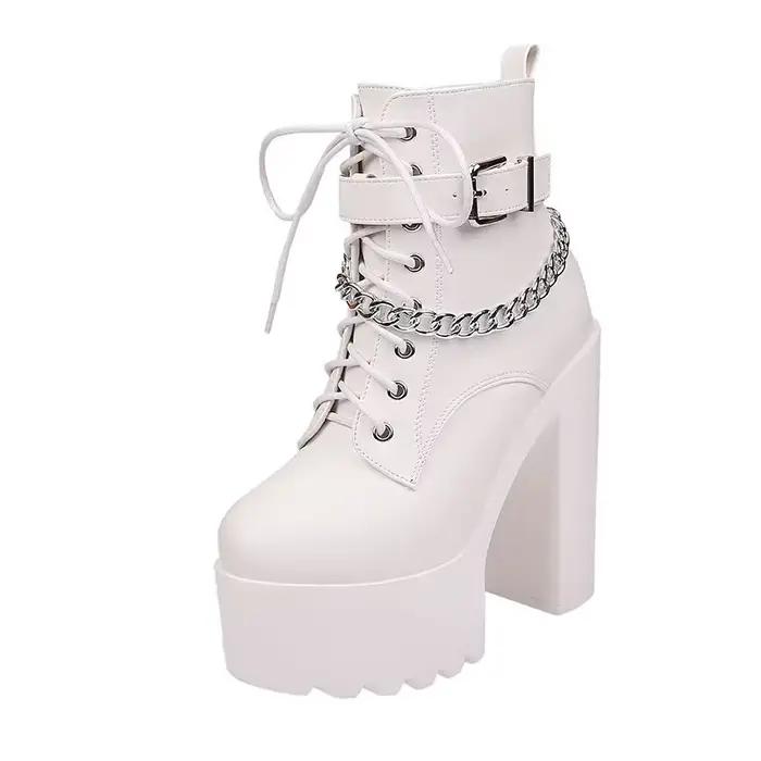 Bottines à Plateforme Punk en Cuir Véritable à Talons Carrés Hautes Pour Femmes Occasions Spéciales Grande Taille