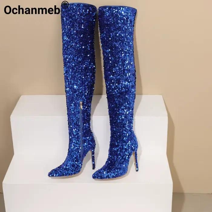 Bottes paillettées dorées et bleues sexy à talons hauts pour femmes, bottes de soirée brillantes au-dessus du genou