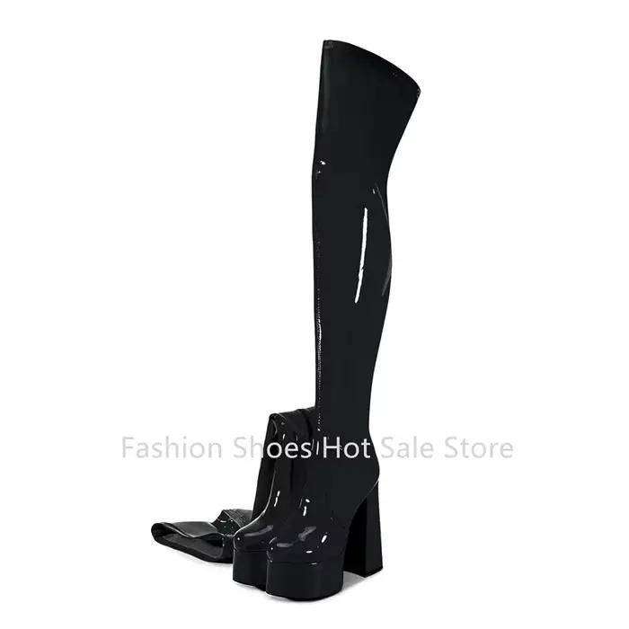 Bottines à plateforme en cuir verni pour femmes, talon très haut de 16 cm, bottes sexy pour la pole dance, bout rond, talon épais, bottes au-dessus du genou, 35-45