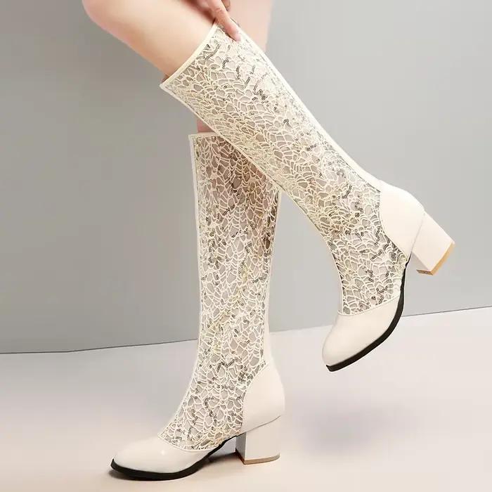 Printemps été femmes bottes mode genou botte haute fermeture éclair talons bas décontractés maille respirant blanc bleu dames chaussures de fête grande taille