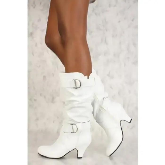 Bottes Sexy pour femmes mi-mollet nouvelle mode botte décontractée 3CM talon carré décoration en métal boucle de