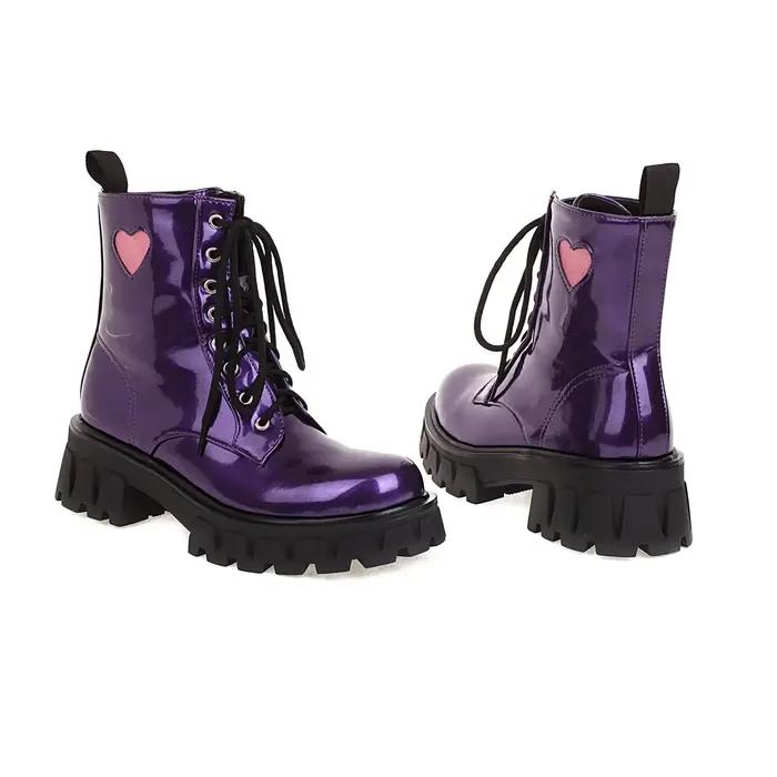 Bottines britanniques pour femmes à talons épais et hauts, en cuir verni noir et violet, bout rond, style vintage, à lacets, courtes, pour soirée
