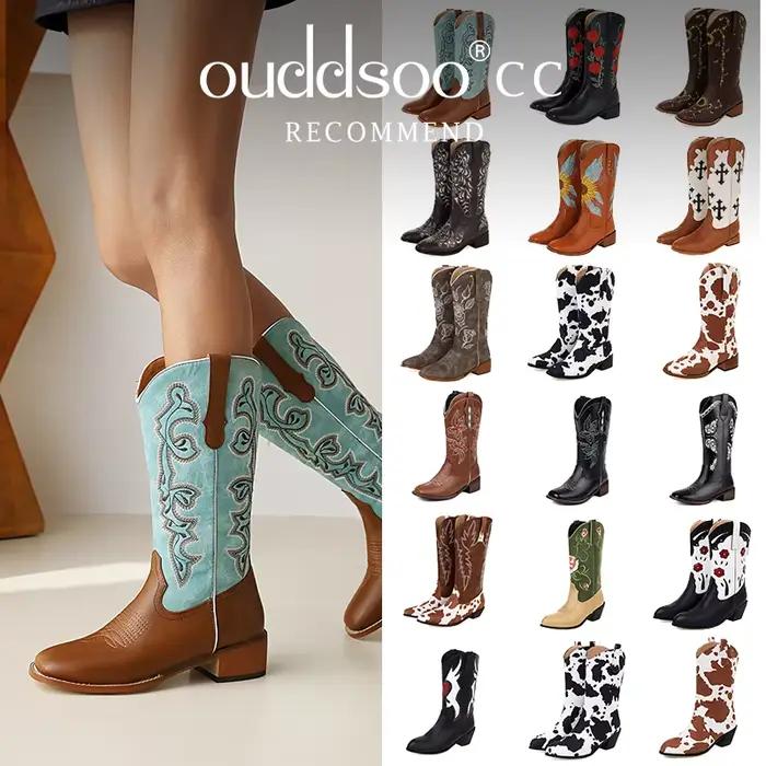 Ods-Bottes pointues brodées de tournesol pour femmes, Parker, sans lacet, mi-mollet, marron foncé, grande taille, 41, 42, 43, 45, 46, automne, hiver, nouveau, 2024