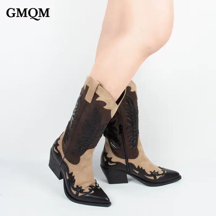 GMQM 2025 Botte mi-mollet pour femme brodée Western Cowboy Vintage Noir Marron Bout pointu Fermeture Éclair Talon épais