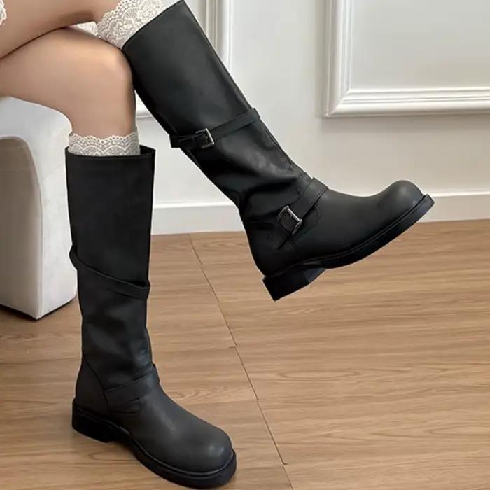 Vintage boucle de ceinture femmes genou bottes hautes élégant talon bas sans lacet chaussures automne hiver dames chevalier longs chaussons