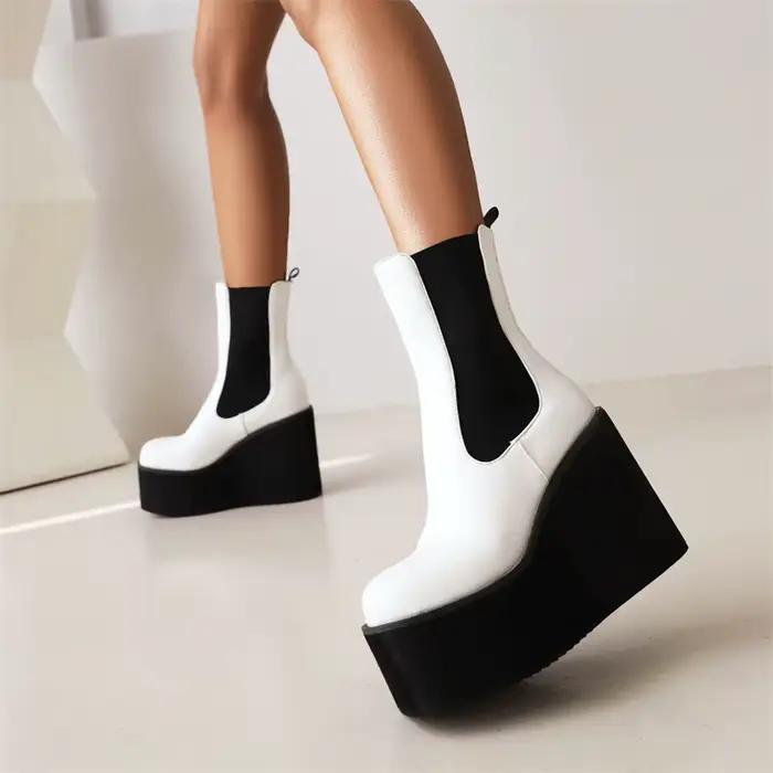 Bottes de rinçage à plateforme pour femmes, compensées noires et blanches, talons hauts, bottes gothiques décontractées, chaussures imperméables pour femmes, automne, hiver