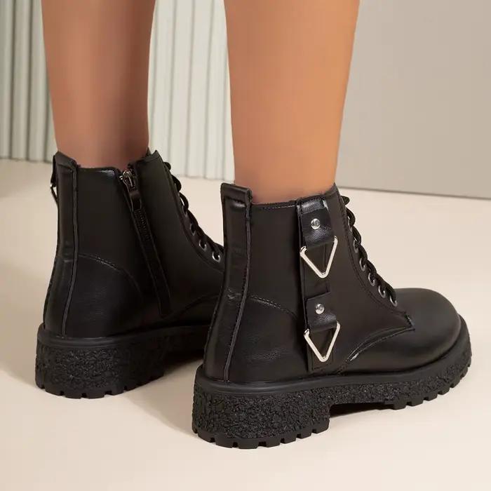 Bottes de combat noires à plateforme pour femmes, bottines d'hiver tendance avec boucle en cuir PU, bottes décontractées pour femmes grandes tailles, bottes de moto