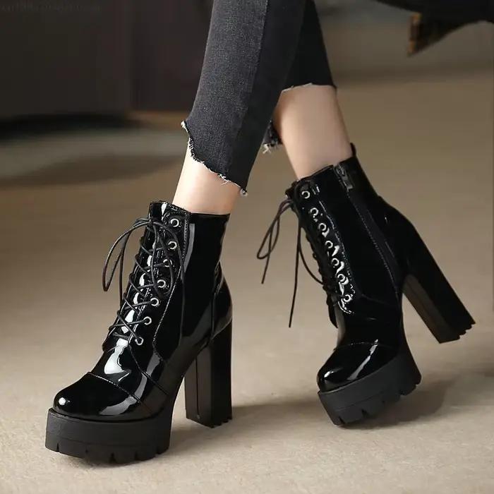 Bottes à talons ultra-hauts pour femmes, bout rond, plateforme épaisse imperméable, bottes à lacets en cuir verni, bottes à talons hauts.