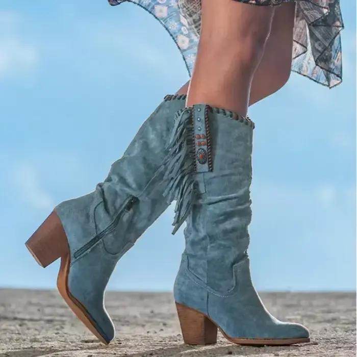 Femmes bottes hautes tendance rétro boucle en métal bout pointu talon épais gland Western Cowboy
