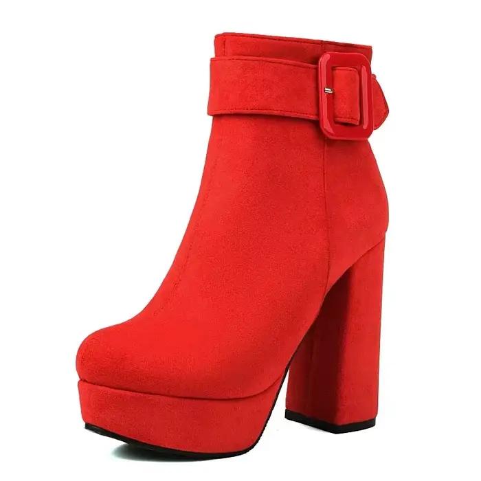 Flock Faux daim rouge noir bout rond femmes chaussures large grande boucle ceinture bloc talons hauts cheville mode hiver avertir plate-forme bottes