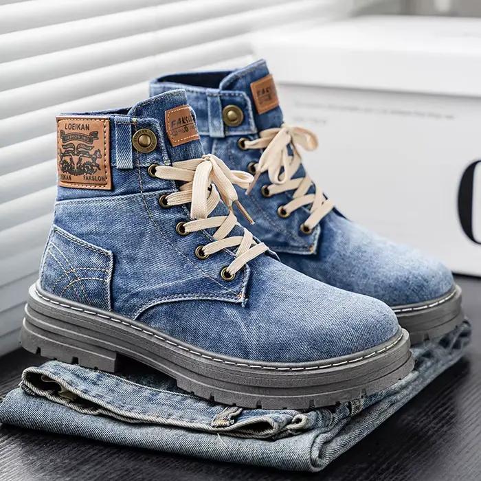 Nouvelles bottes pour hommes en denim tendance, style printemps-automne, personnalisées, résistantes à l'usure, à tige haute, légères, à semelle épaisse, polyvalentes, pour l'extérieur
