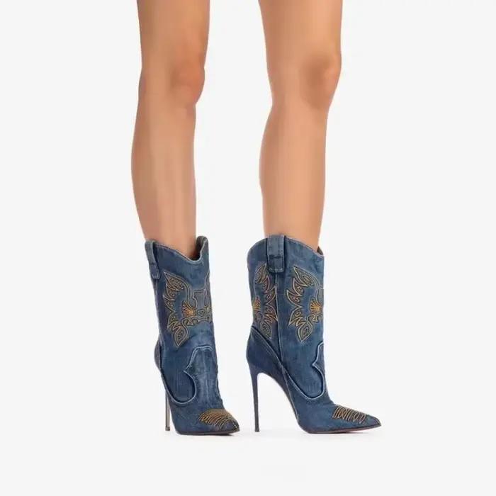 Bottes à talons aiguilles de cowboy occidental pour femmes – Bout pointu brodé