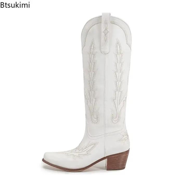 Bottes d'équitation rétro brodées pour femmes, bout pointu, talon épais, hauteur des genoux, printemps-automne, bottes de Cowboy occidentales pour filles